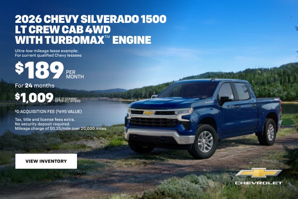 2026 Chevy Silverado 1500 LT Crew Cab 4WD 
with TurboMax Engine. Ultra-low mileage lease example:...